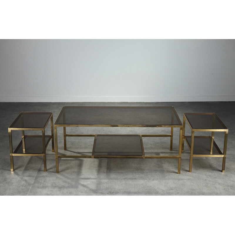 Set of 3 vintage tables in glass and bronze- 1970s