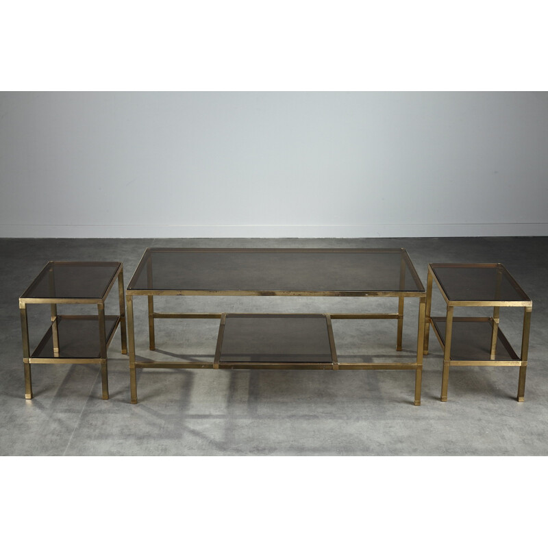 Suite de 3 tables vintage en verre et bronze - 1970