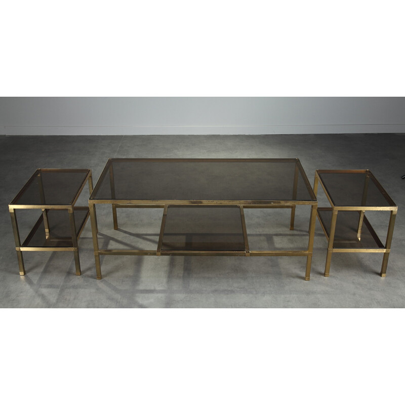 Set of 3 vintage tables in glass and bronze- 1970s