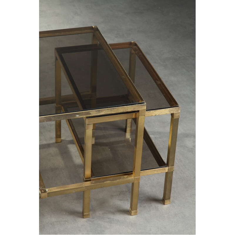 Suite de 3 tables vintage en verre et bronze - 1970