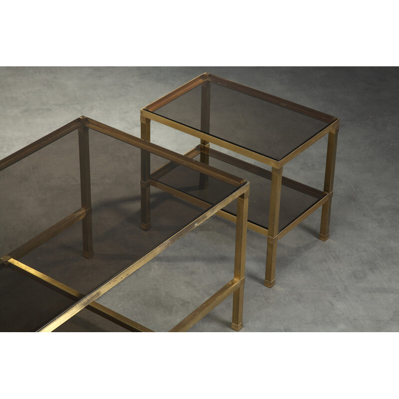 Suite de 3 tables vintage en verre et bronze - 1970