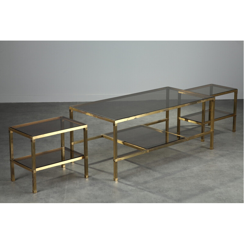 Set of 3 vintage tables in glass and bronze- 1970s