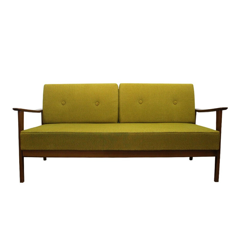 Lit de repos vintage en tissu vert et en bois - 1960