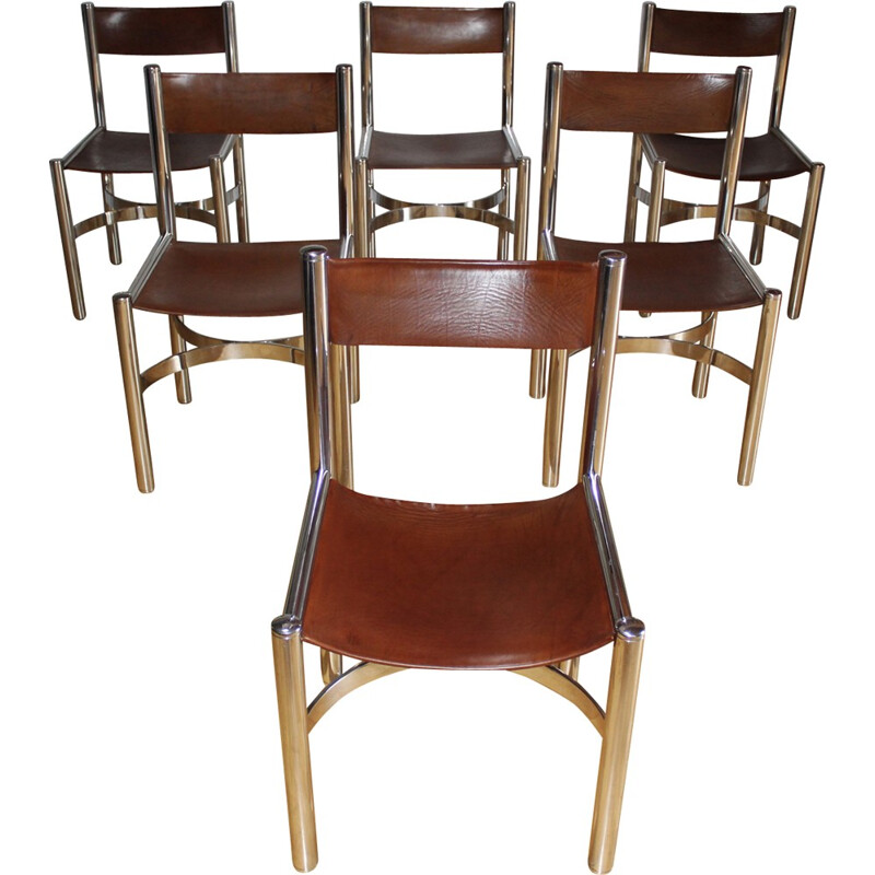 Set of 6 chaises in leather and steel by Dada Industrial Design - 1970s