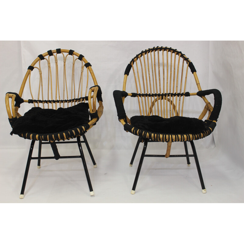 Pair of vintage french rattan armchairs - 1980s