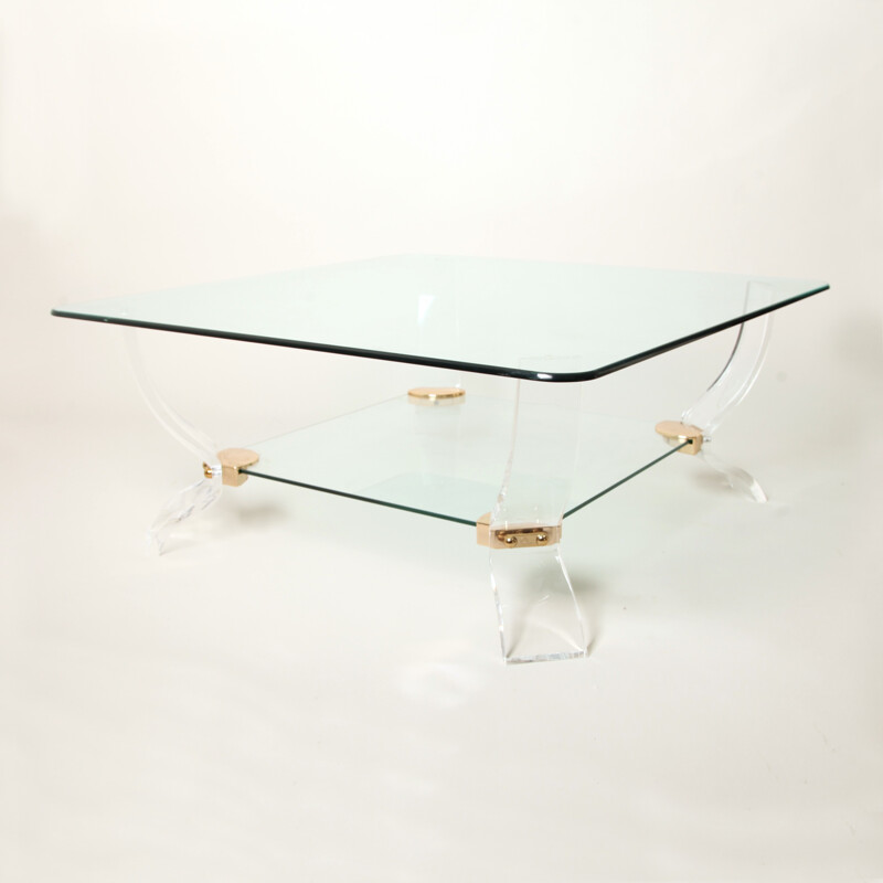Table basse vintage carrée en verre et lucite - 1970