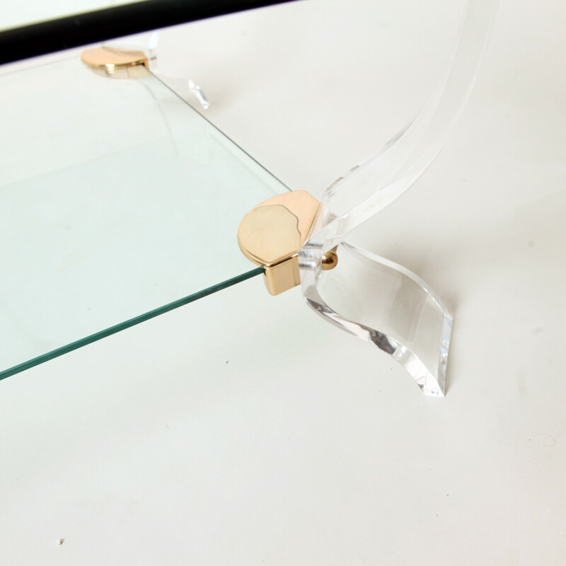 Table basse vintage carrée en verre et lucite - 1970