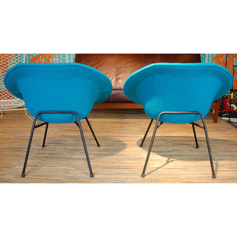 2 vintage blue armchairs, Claude VASSAL - 1950s