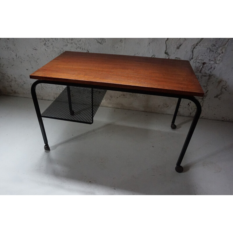 Dutch Teak Side Table Trolley with Magazine Rack - 1950s 