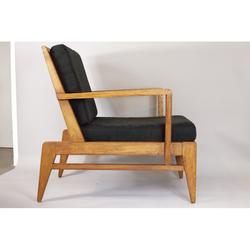 Large black armchair in Oak by René Gabriel - 1940s