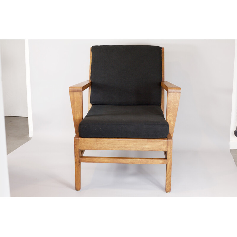 Large black armchair in Oak by René Gabriel - 1940s