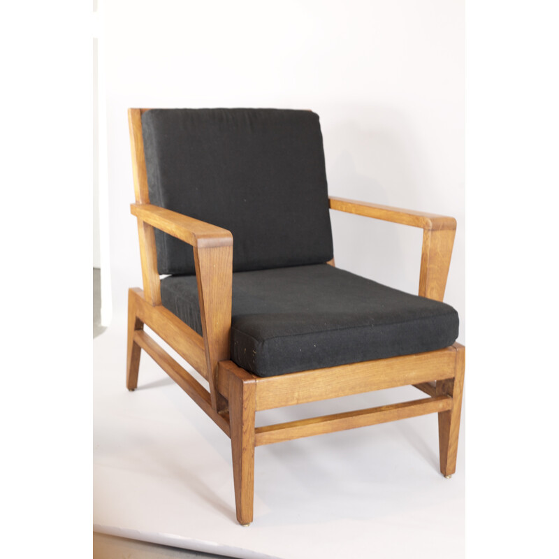 Large black armchair in Oak by René Gabriel - 1940s