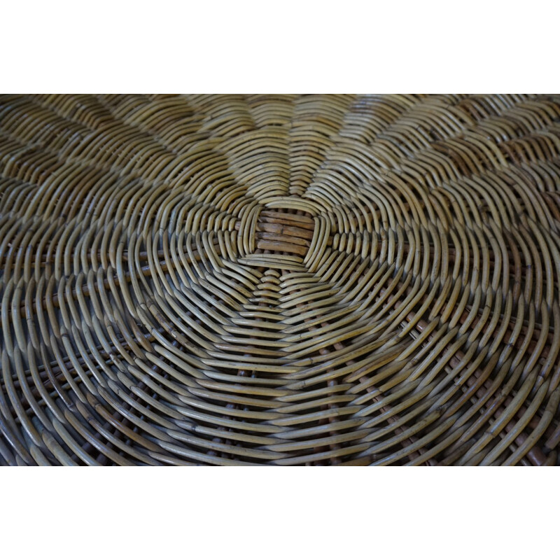 Smoked Glass Coffee Table with Wicker Magazine Basket, 1960s 