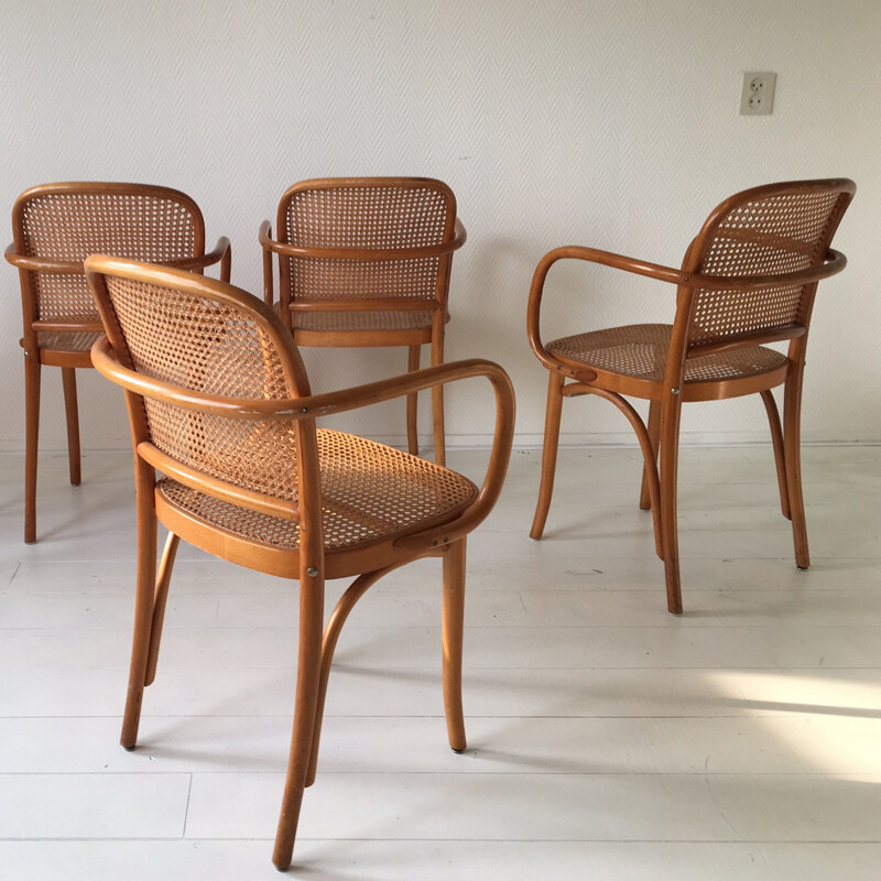 Lot de 4 chaises en bois cintré et canne 811 par Josef Hoffmann - 1960