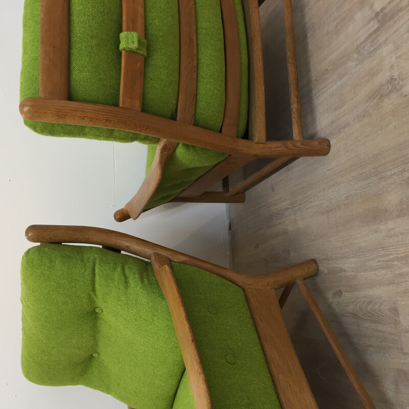 Pair of green armchairs in oakwood - 1970s