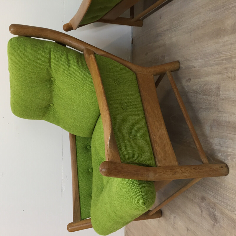 Pair of green armchairs in oakwood - 1970s