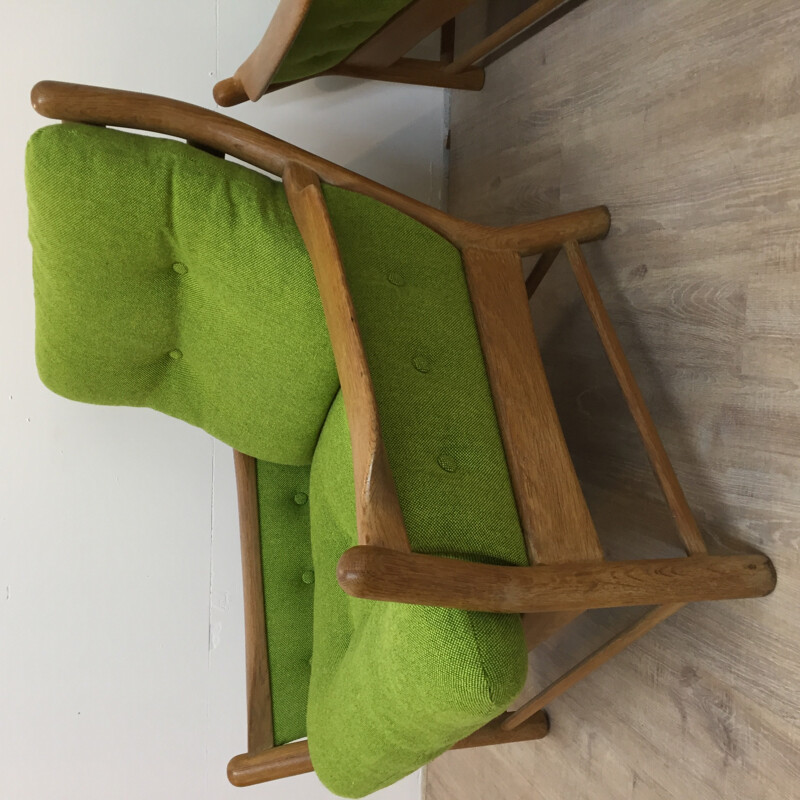 Paire de fauteuils vintage verts en chêne - 1970
