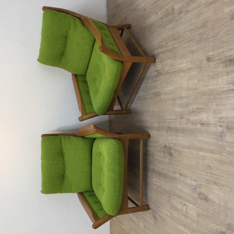 Pair of green armchairs in oakwood - 1970s