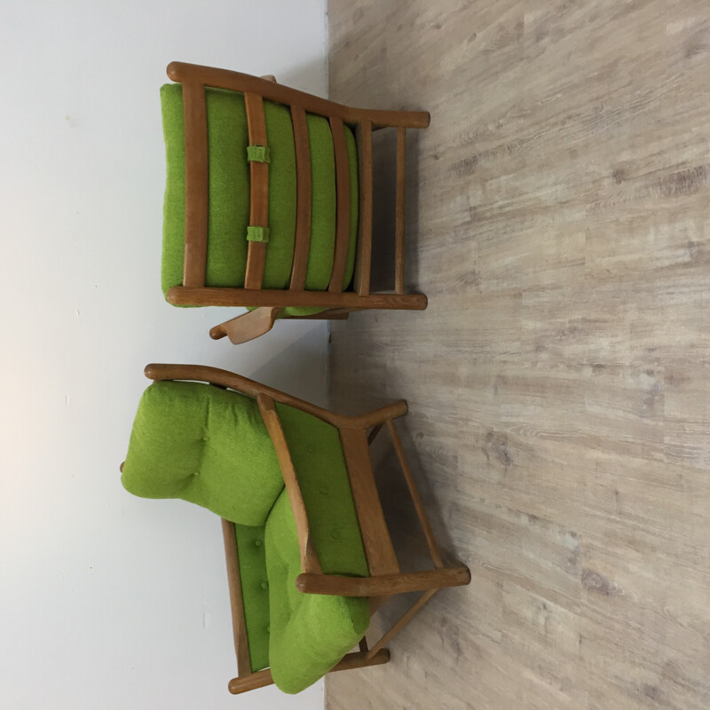 Pair of green armchairs in oakwood - 1970s