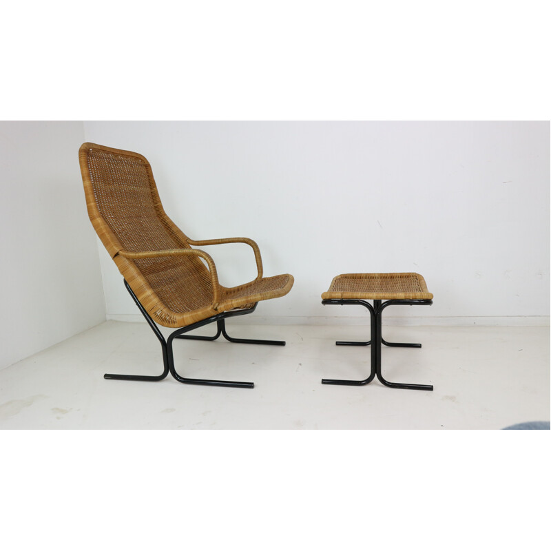 514 wicker lounge chair with its ottoman by Dirk Van Sliedrecht for Rohé Noordwolde - 1960s