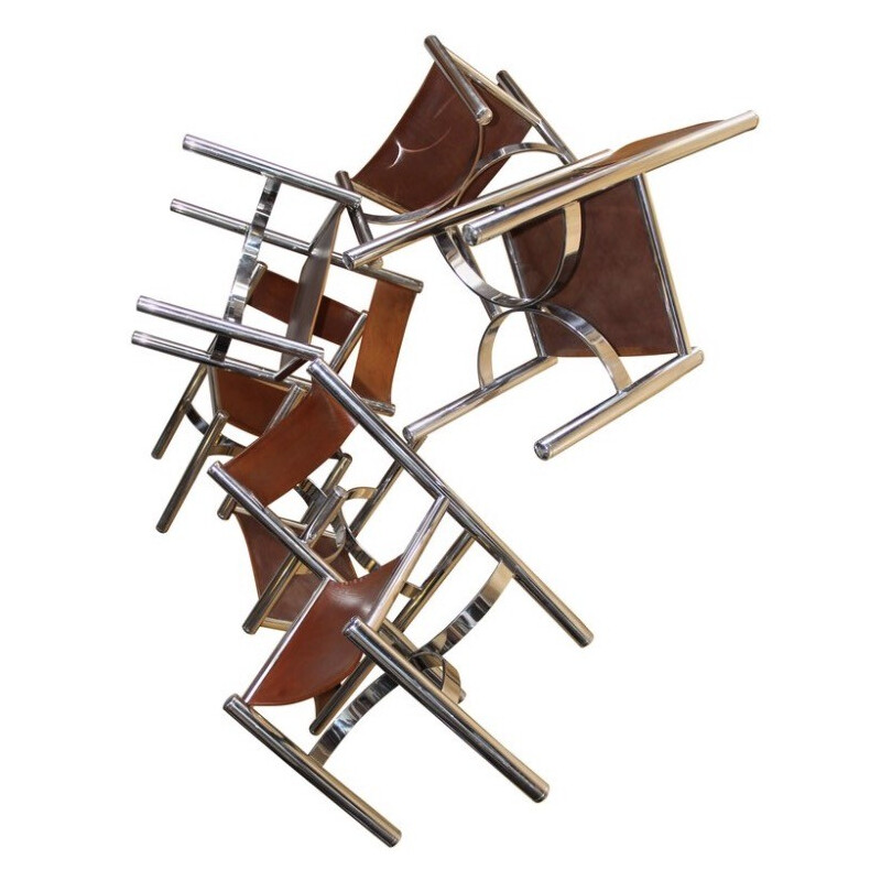 Set of 6 chaises in leather and steel by Dada Industrial Design - 1970s