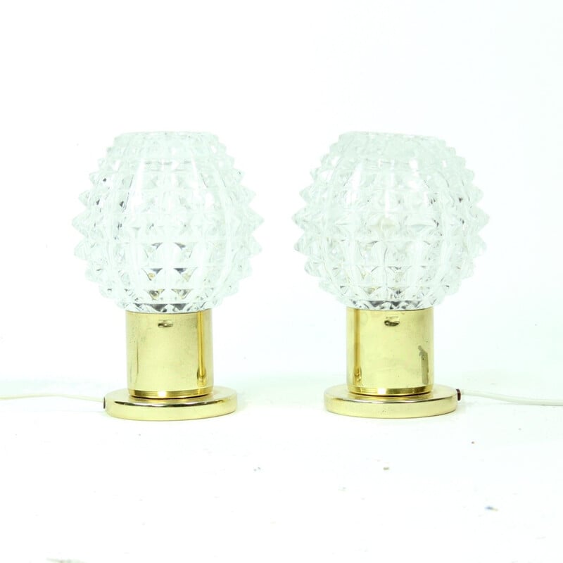Set of 2 Glass and Brass Table Lamps by Kamenicky Senov - 1970