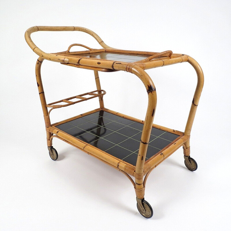 Rotan trolley met verwijderbaar dienblad - 1960