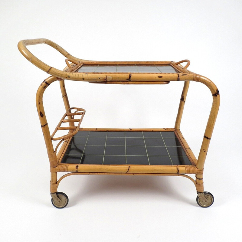 Rattan trolley with removable tray - 1960s