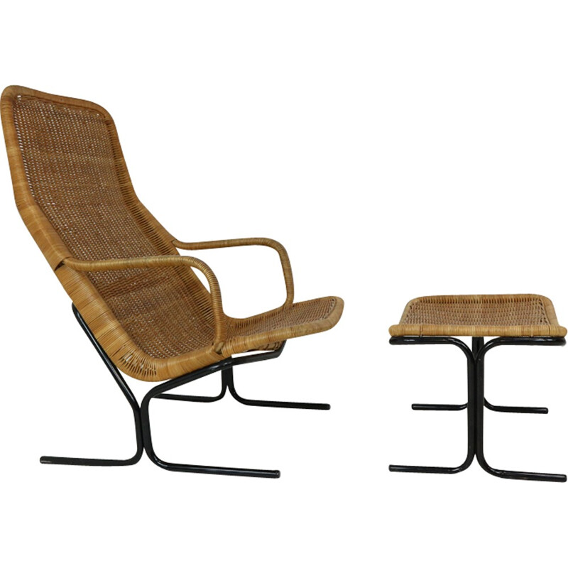 514 wicker lounge chair with its ottoman by Dirk Van Sliedrecht for Rohé Noordwolde - 1960s