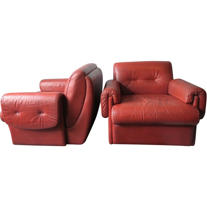 Pair of Vintage Club Armchairs in Warm-Colored Leather - 1970s