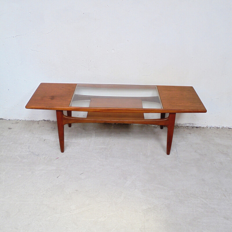 Vintage rectangular coffee table in glass and wood by G Plan - 1960s