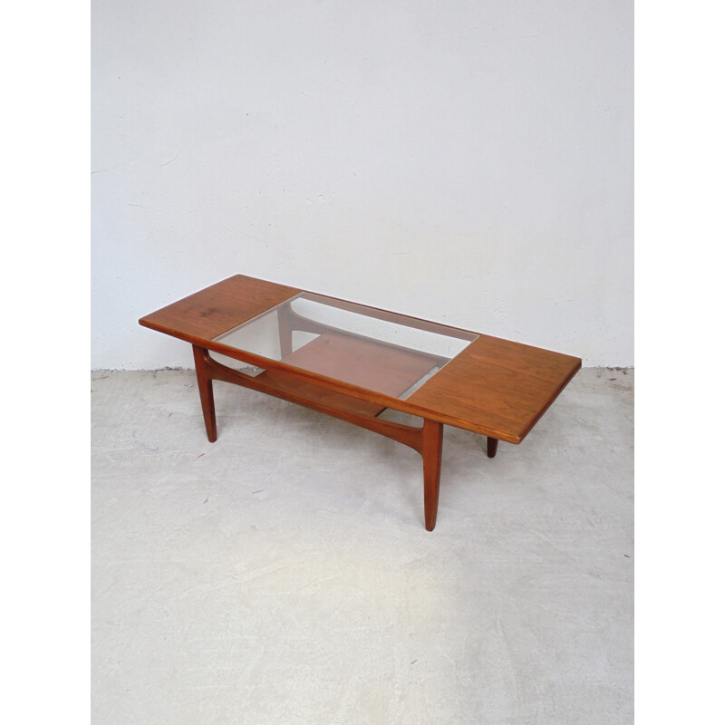 Vintage rectangular coffee table in glass and wood by G Plan - 1960s