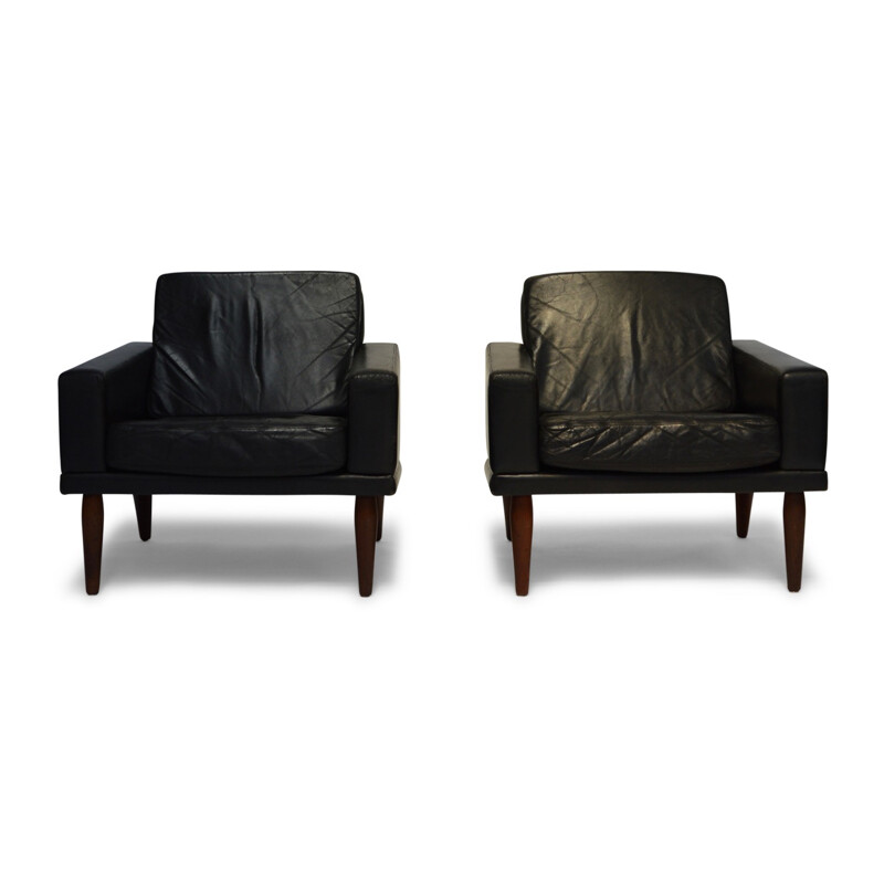 Pair of Black Leather and Rosewood Lounge Chairs by Bovenkamp - 1960s