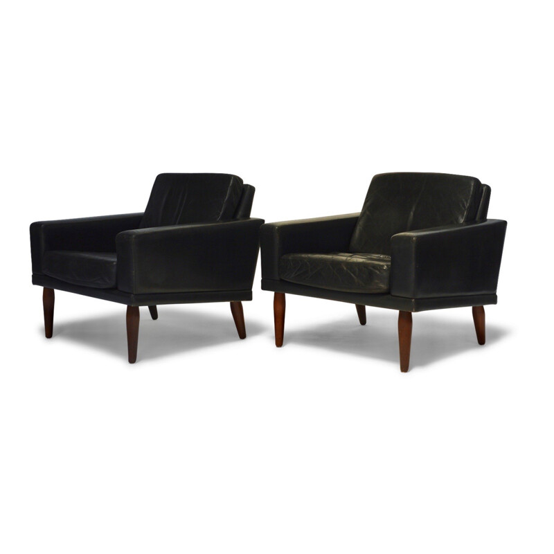 Pair of Black Leather and Rosewood Lounge Chairs by Bovenkamp - 1960s