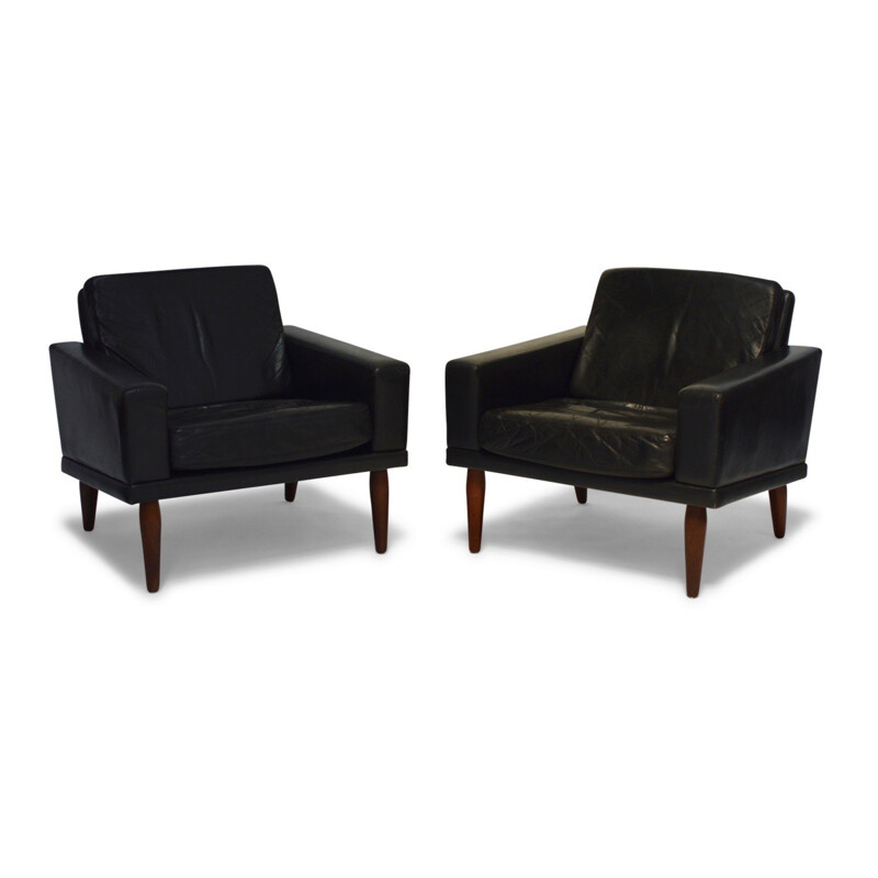 Pair of Black Leather and Rosewood Lounge Chairs by Bovenkamp - 1960s