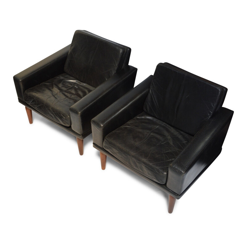 Pair of Black Leather and Rosewood Lounge Chairs by Bovenkamp - 1960s