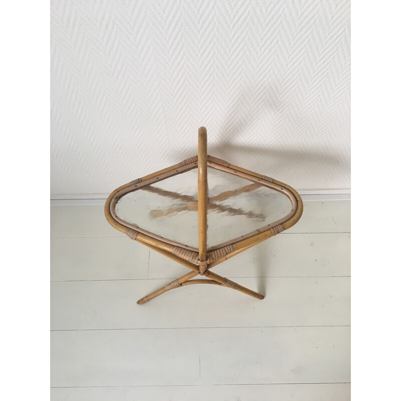 Vintage Rattan and Glass Side Table - 1960s