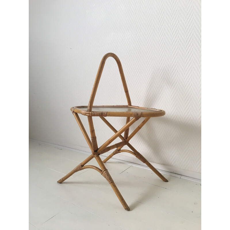 Vintage Rattan and Glass Side Table - 1960s