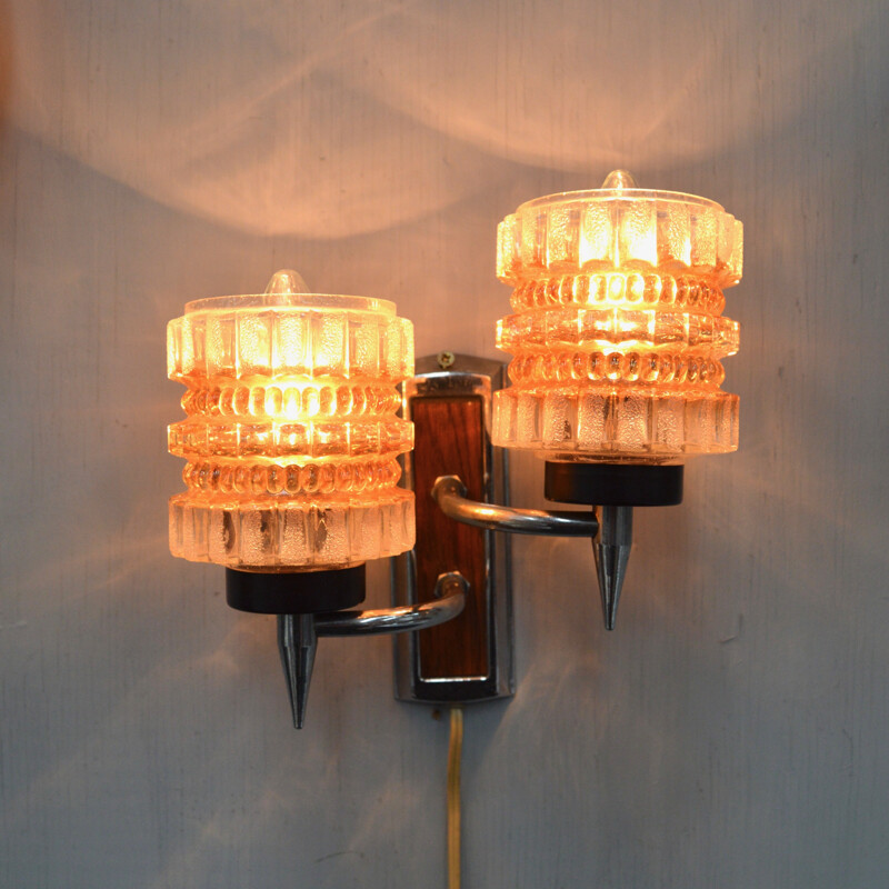 Lampada da parete vintage in teak e cromo, Paesi Bassi 1960
