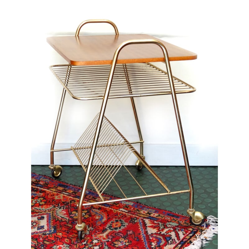 Serving table on castors in wood and brass - 1960s