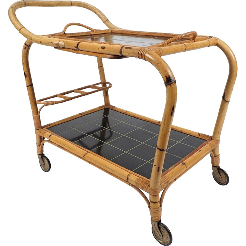 Rattan trolley with removable tray - 1960s