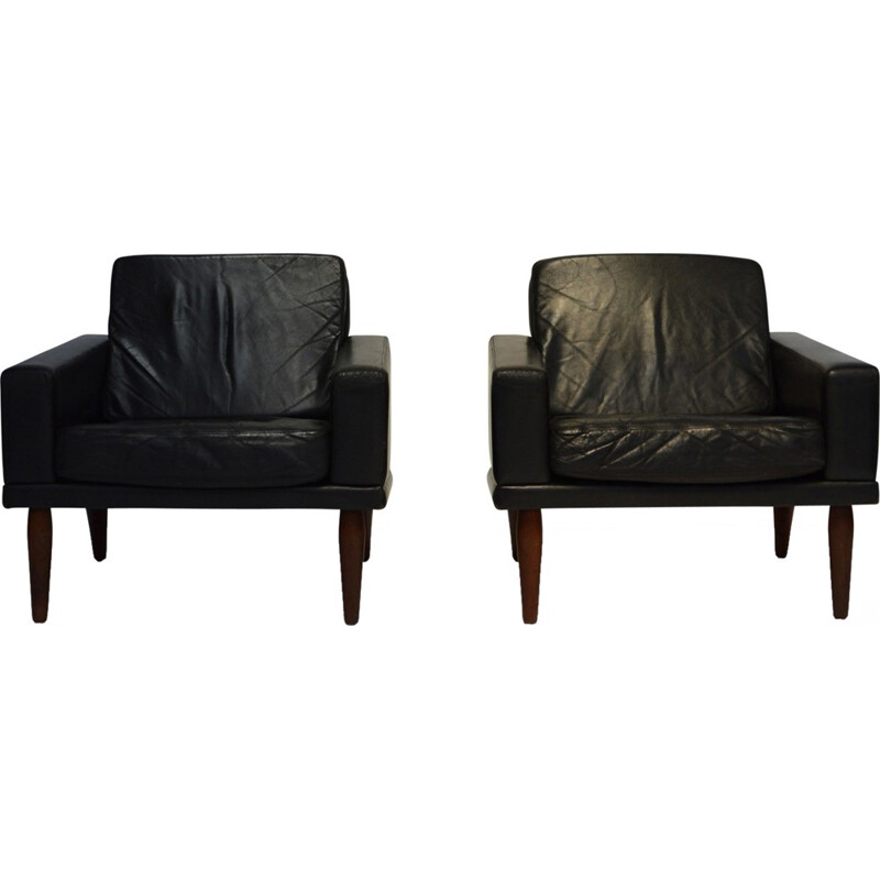 Pair of Black Leather and Rosewood Lounge Chairs by Bovenkamp - 1960s