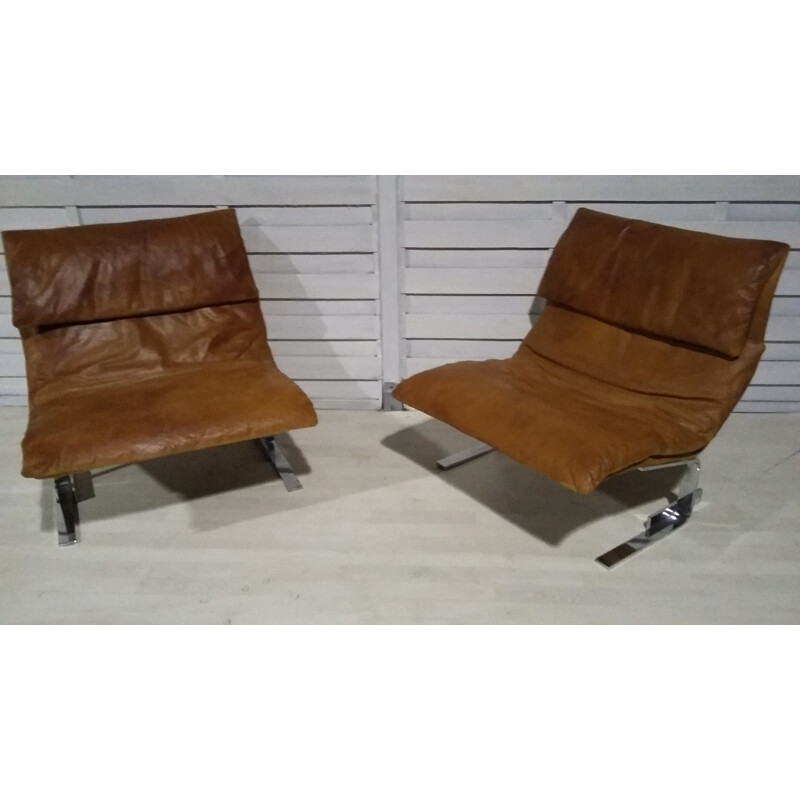 2 fauteuils Onda cognac de Giovanni Offredi pour Saporiti - 1970