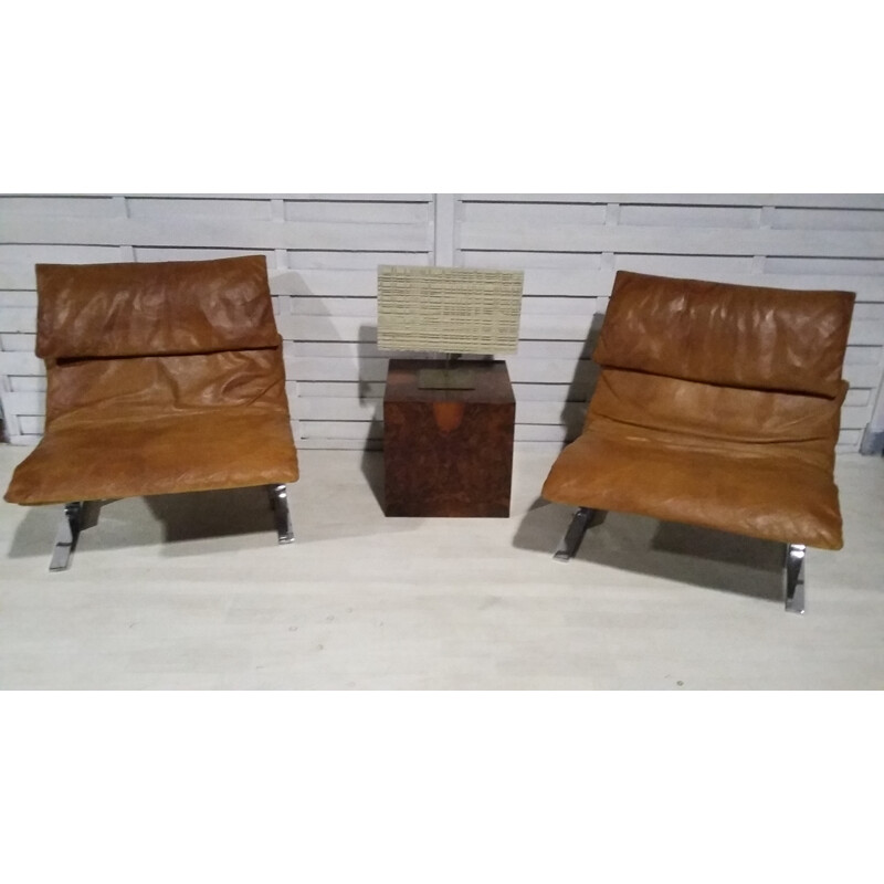 2 fauteuils Onda cognac de Giovanni Offredi pour Saporiti - 1970