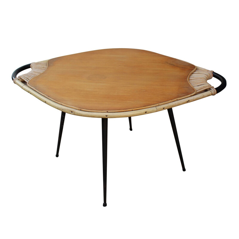 Table basse en métal, rotin et bois - 1950