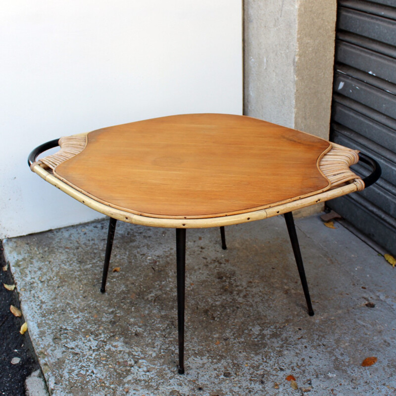 Vintage coffee table in metal, wood and rattan - 1950s