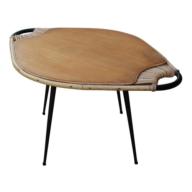 Table basse en métal, rotin et bois - 1950