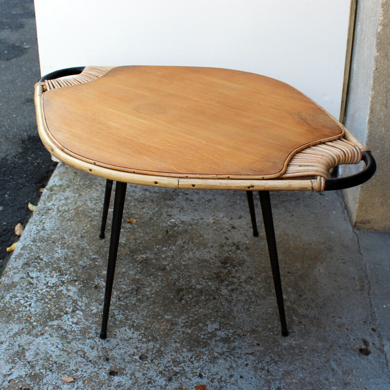 Vintage coffee table in metal, wood and rattan - 1950s