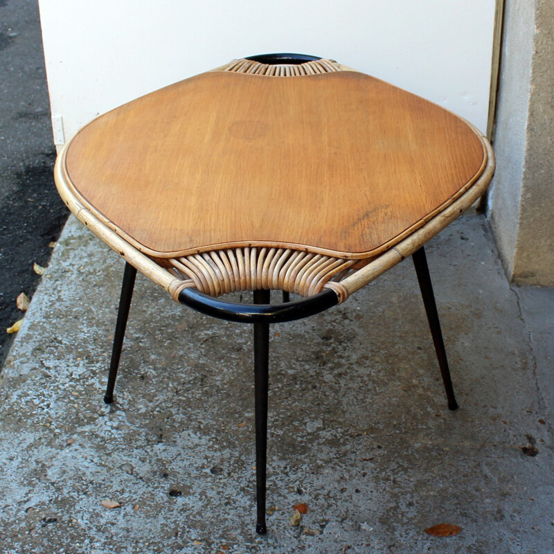 Table basse en métal, rotin et bois - 1950