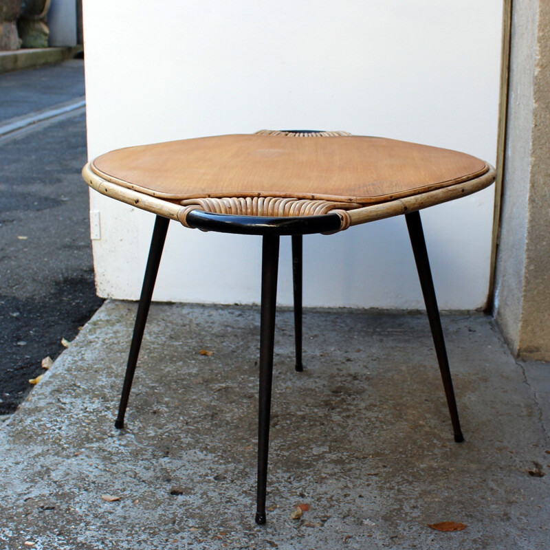 Vintage coffee table in metal, wood and rattan - 1950s